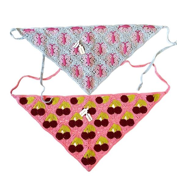 Asos Design Crochet Summer Blue Pink Butterfly Cherry Cottagecore Headscarf - Picture 1 of 2